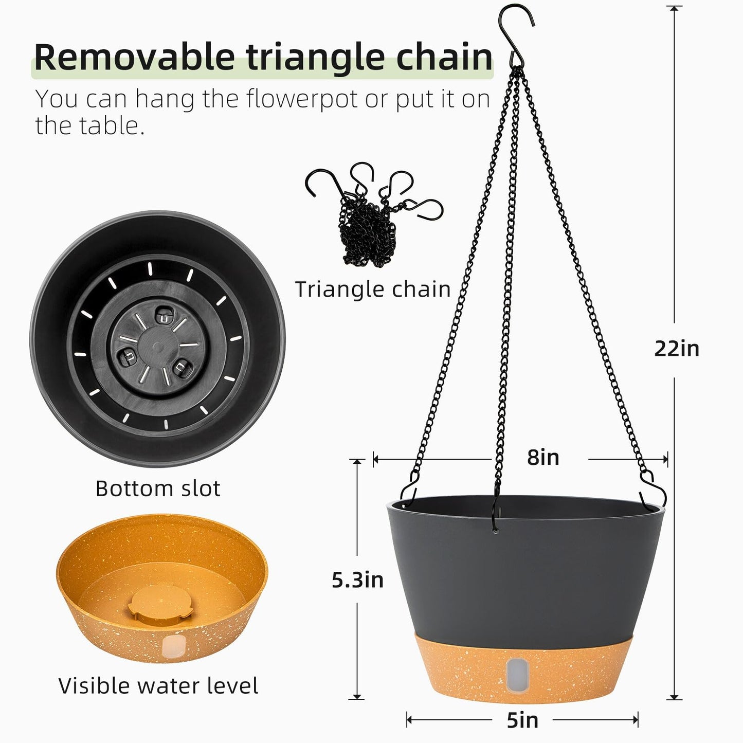 QCQHDU 2 Pack 8 Inch Hanging Planters for Indoor Outdoor Plants, Hanging Baskets Flower Pots with Reservoir Tray & Visible Water-Level