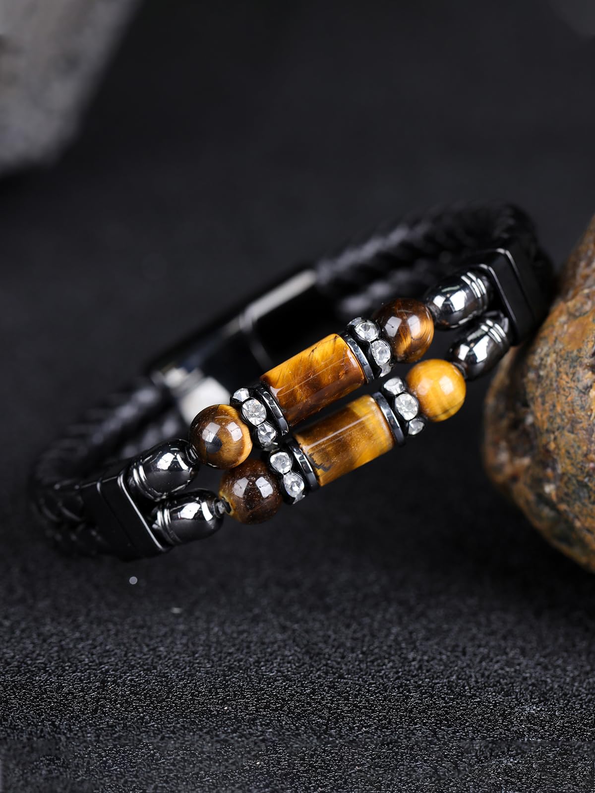 Mrcaois Leather Bracelet Tiger Eye Stone Braided Woven Multi‑Layer Wristband Cuff Bracelets Steel Clasp Bangle for Men Gifts