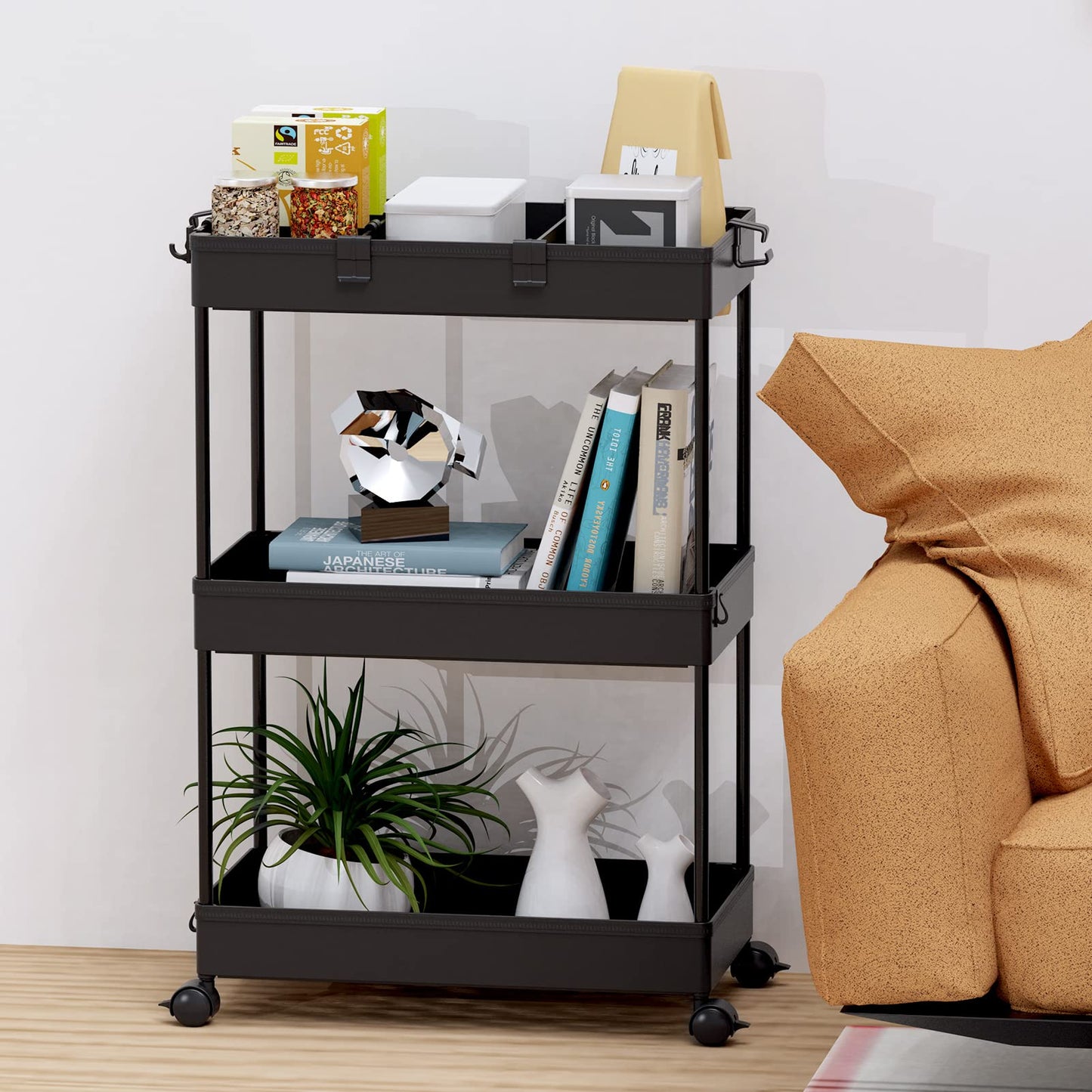 SPACELEAD 3 Tier Rolling Cart with Wheels, Storage Craft Art Trolley Organizer Serving, 3 Hanging Baskets Easy Assembly, for Office, Bathroom，Living Room, Kitchen, Black