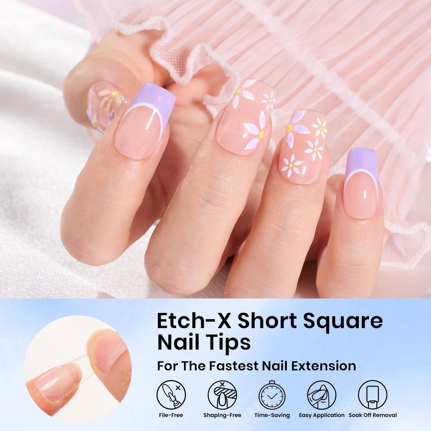 Beetles Gel Nail Tips Square Short, 288Pcs 12 Sizes Pre-Etched Half Matte Full Cover Soft Acrylic False Nail Tips Easy DIY Glue On Etch-X Nail Extension Salon Gift for Women Girls