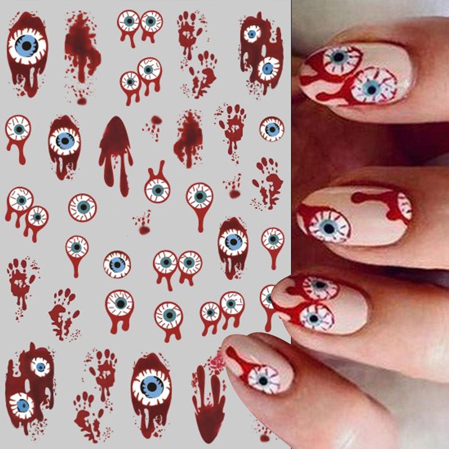 IDDFEVE Halloween Eyeball Nail Stickers - 3D Bloody Horror Eyeball Self-Adhesive Nail Decals for DIY Funny Spooky Manicure (6 Sheets)