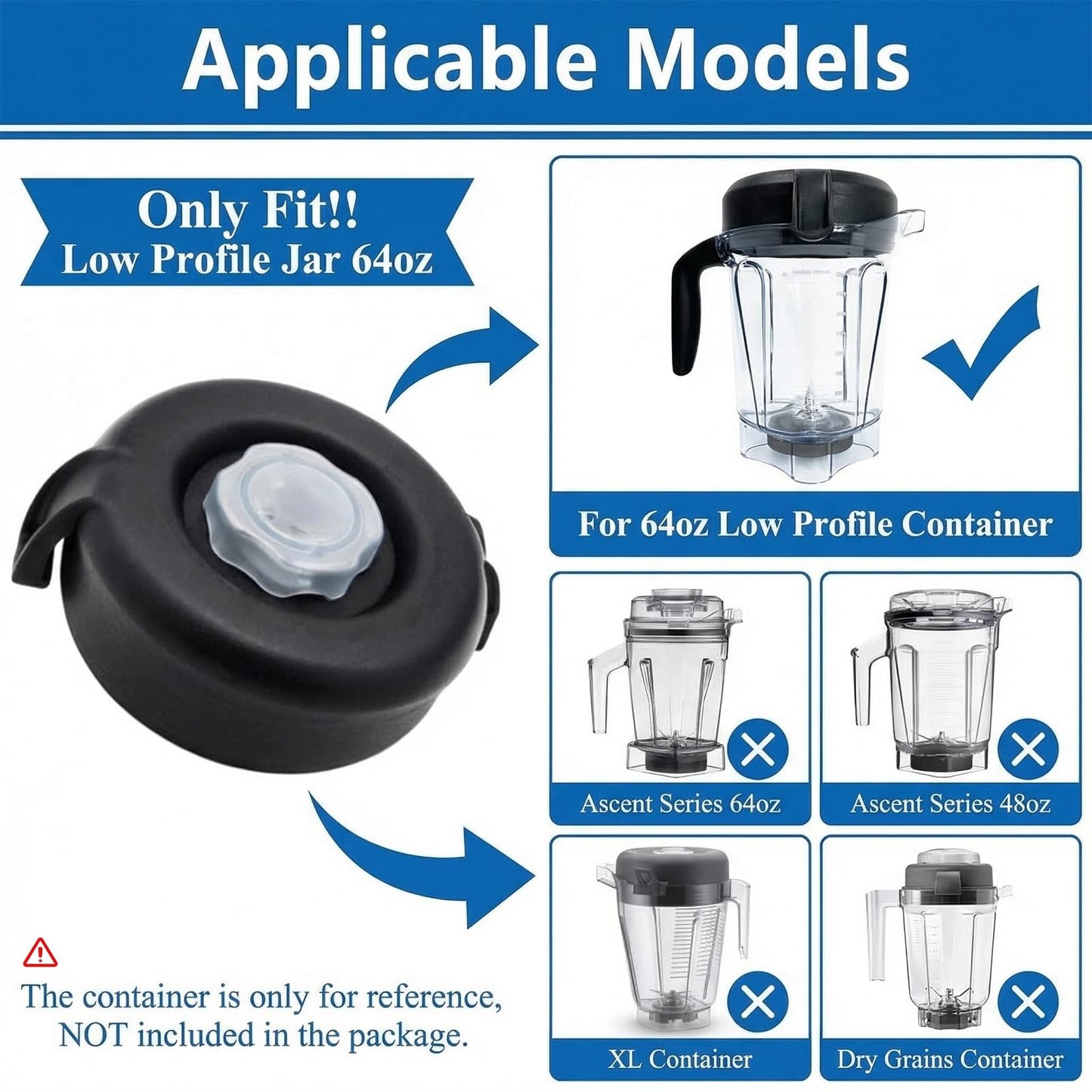 Blender Lid Replacement, 64oz Low-Profile Container Lid, Compatible with VM0103 VM0158 E310 E320, Replace for Pro 750 5200 5300 7500 Series, Rubber Lid Cover for Pitcher Jar