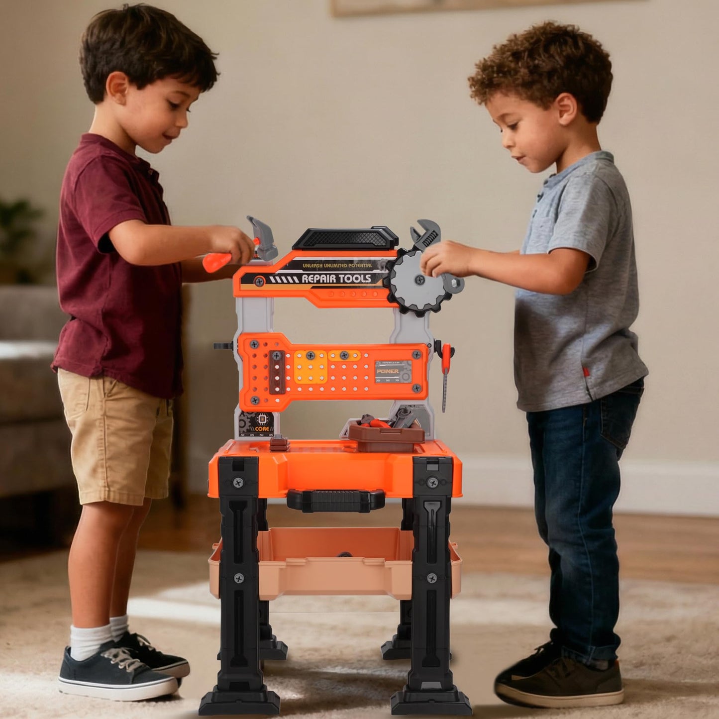 REXBETI Kids Tool Bench with Realistic Electric Drill and Tool Box, Pretend Play Kids Workbench Construction Kits, Toddler Tool Set, Birthday Gifts for Ages 3-8 Years Old
