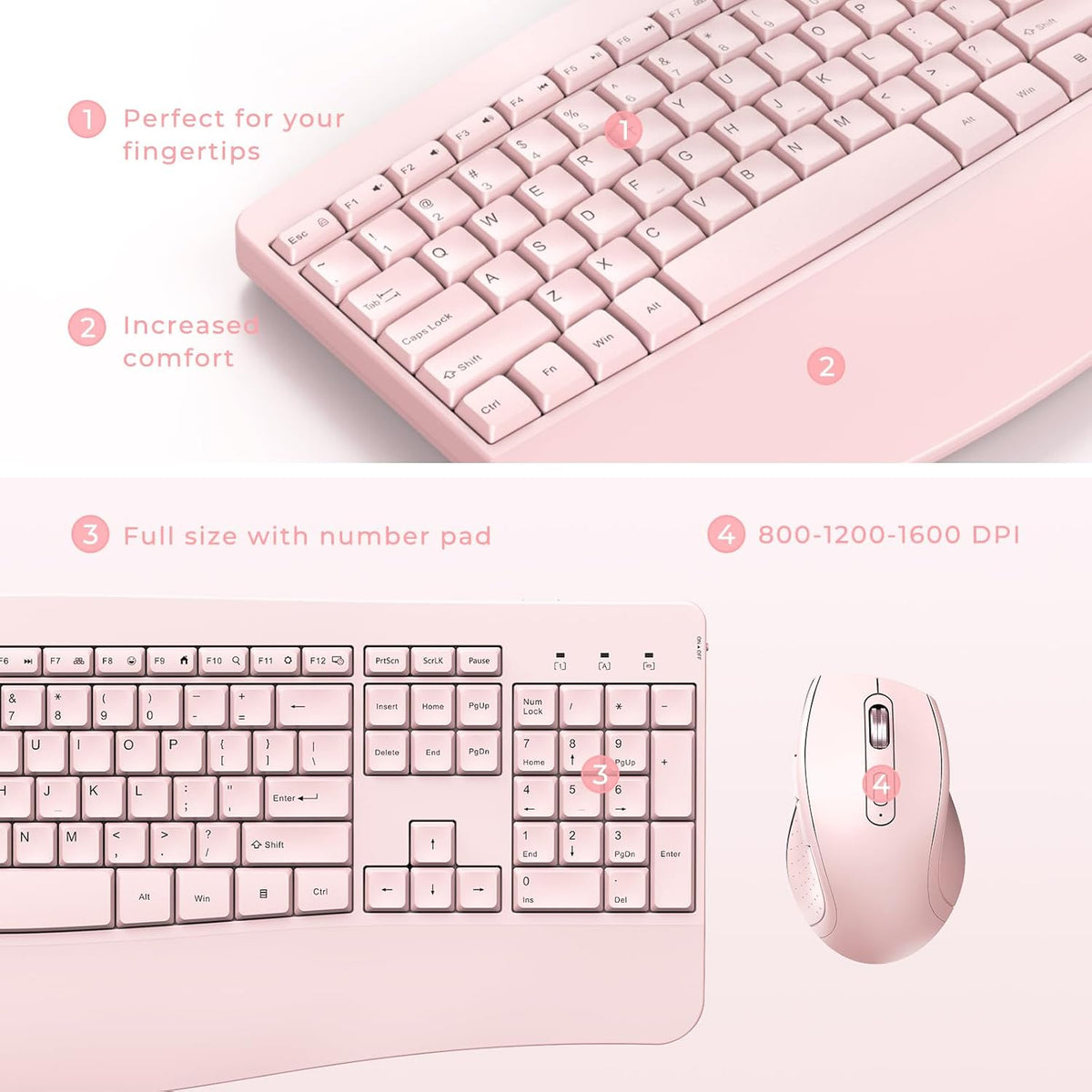 Wireless Keyboard and Mouse - Full Size Ergonomic Keyboard with Palm Wrist Rest Ergonomic Mouse Cordless for Windows Computers Laptops - Light Pink (Upgrade)