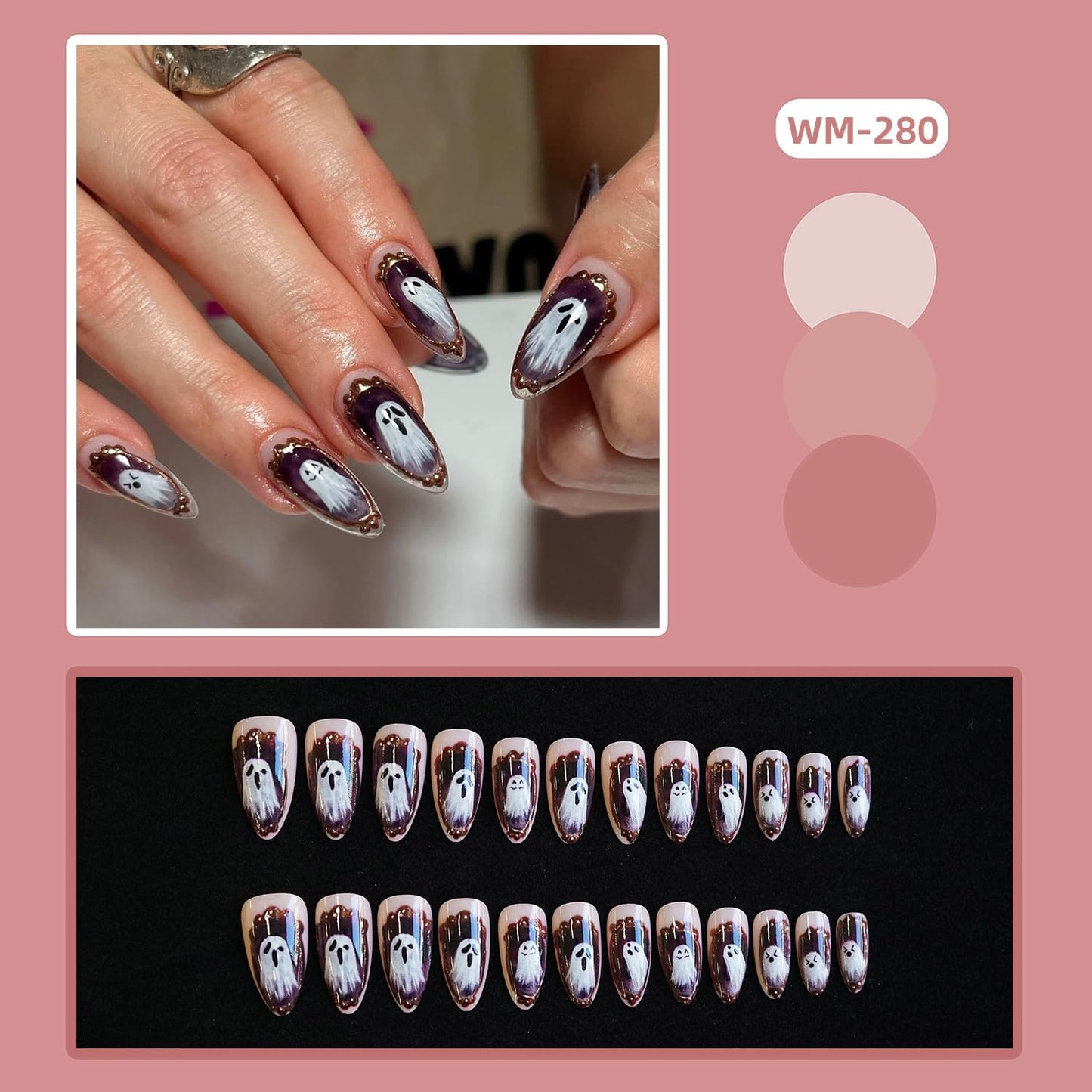 Halloween Press on Nails Medium Almond Cute Picture Frame Ghost Pattern Design Halloween Nail Full Cover Glossy Artificial Acrylic False Nail French Tip Festival Stick on Nails for Women DIY Supplies