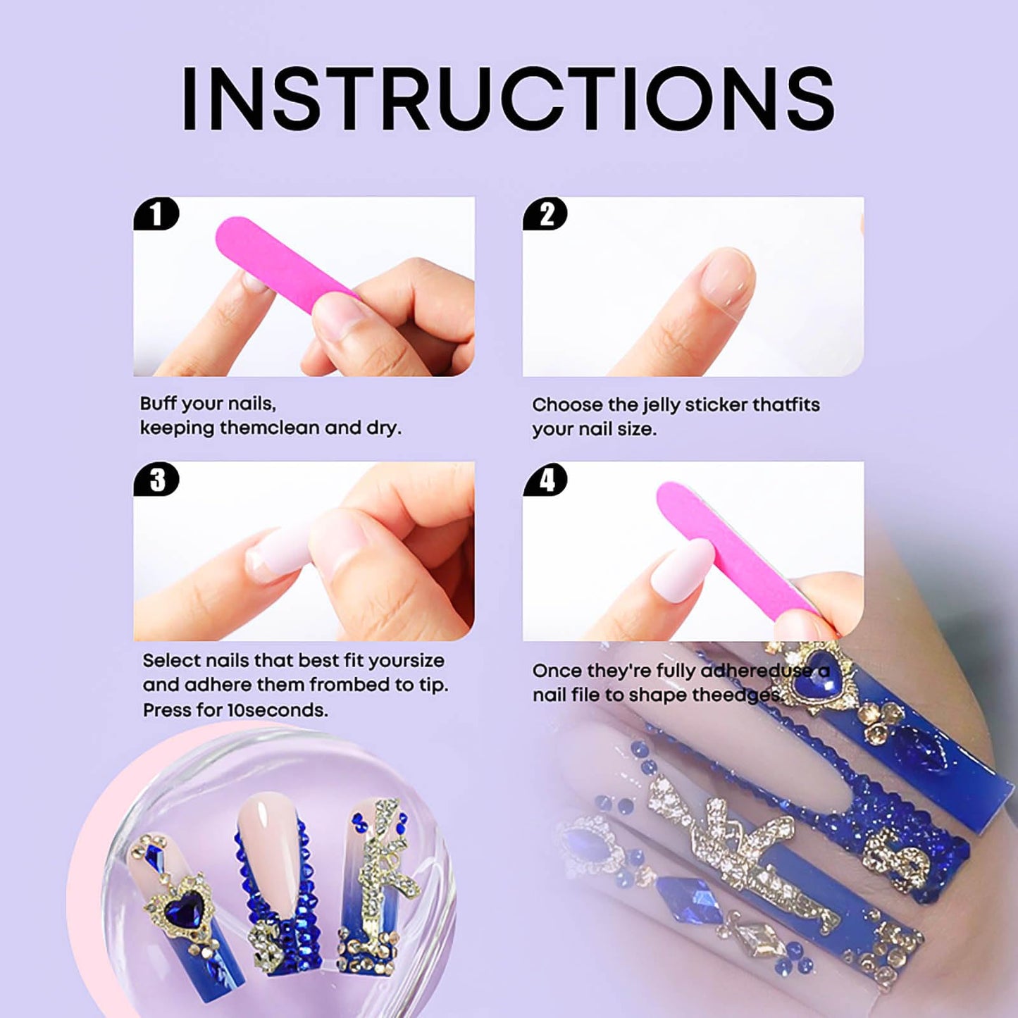 RUOKEXIN Long Square Press on Nails French Tip Fake Nails Blue False Nails with Gold Charms Designs Sparkly Artificial Nails Long Square Glue on Nails Cute Stick on Nails for Women 24Pcs