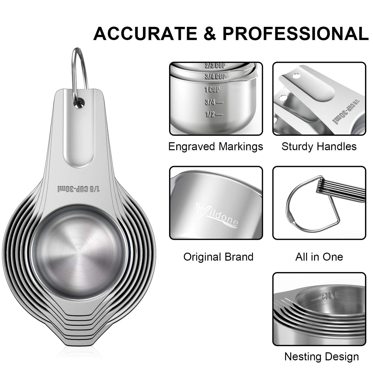 Measuring Cups and Magnetic Measuring Spoons Set, Wildone Stainless Steel 7 Measuring Cups, 8 Double Sided Stackable Magnetic Measuring Spoons, 1 Leveler & 5 Mini Spoons - 21 Piece