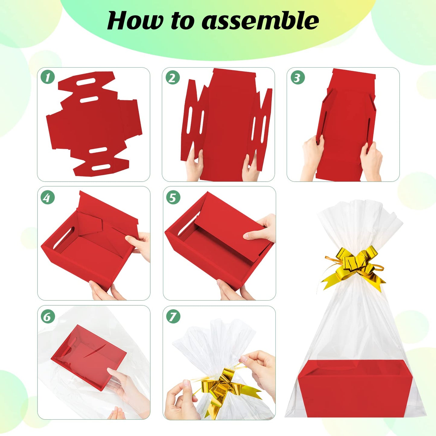 Fainne 54 Pcs Basket for Gifts Kit Include 18 DIY Empty Gift Basket Bulk, 9.8 x 8.5 x 3.5 Inches Food Storage with Handles, 18 Plastic Bags and 18 Bows for Christmas Party Gift Wrapping(Red)