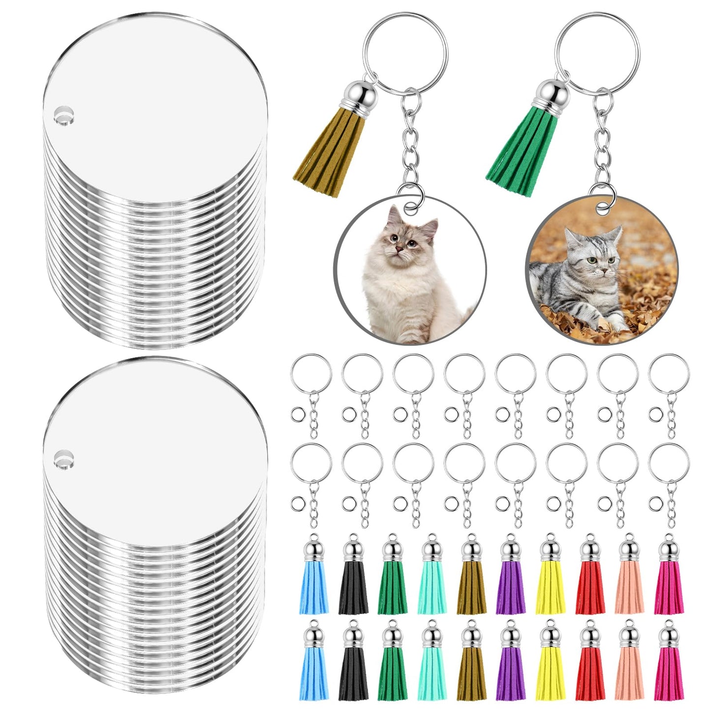 SHENLIU 320 Pcs Acrylic Keychain Blanks Kit, 2 Inch Round Double-Sided Clear Acrylic Blanks with Tassels Key Rings Jump Rings for DIY Keychain Making Sublimation Craft