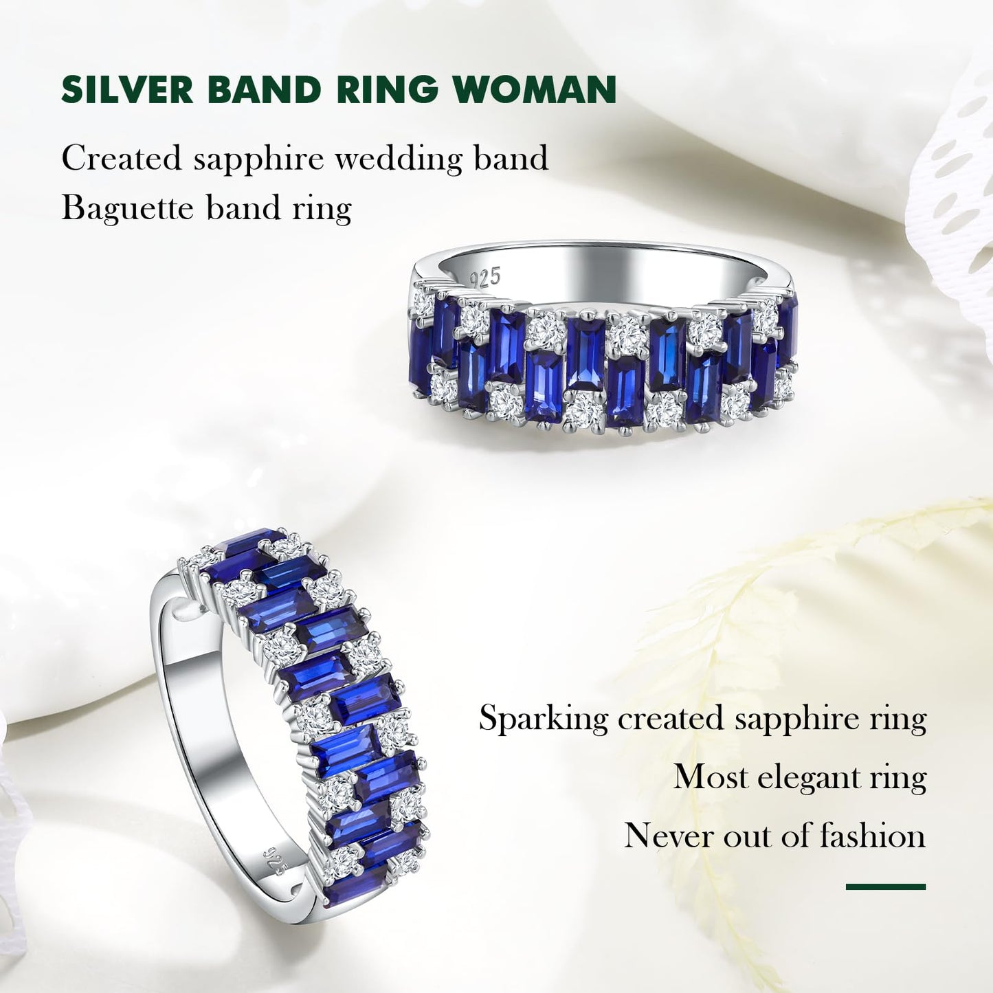 RANDES Sapphire Rings for Women Men Emerald Cut Eternity Band 925 Sterling Silver Band Blue Stone September Birthstone Ring Size 9