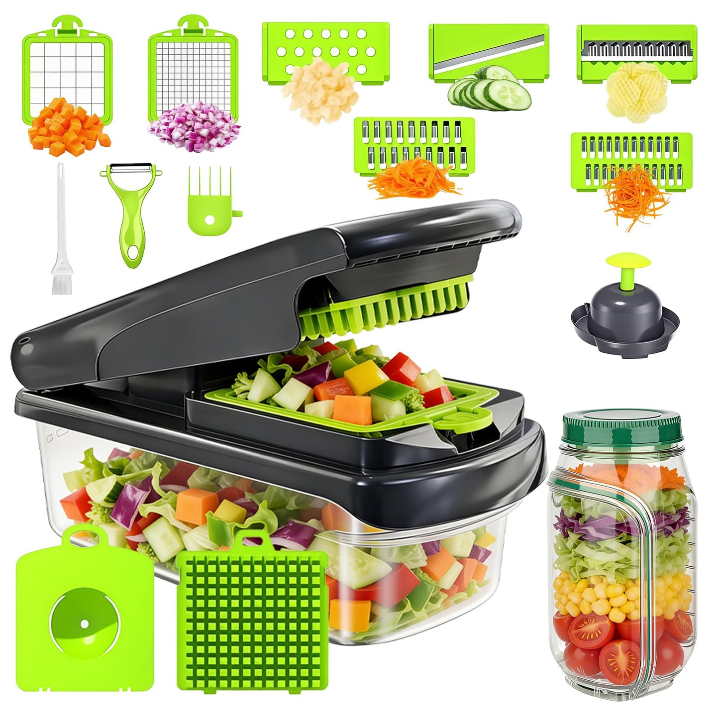 16-in-1 Vegetable Chopper with Container & Side-Opening Salad Jar – Perfect for Vegetable Salads at Lunch and Dinner.Chopper Set Functions as an Onion Chopper, Potato & Carrot Grater, and More.