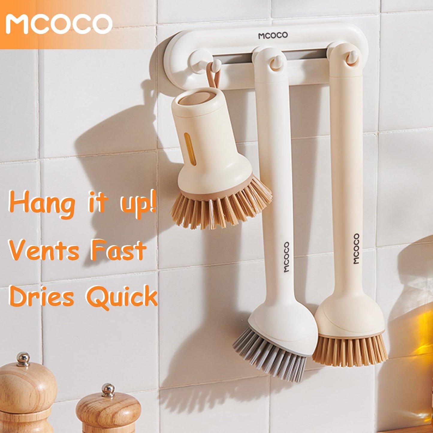 MCOCO Dish Brush Set with Soap Dispensing Palm Brush Dish Scrub Brush with Soap Dispenser Palm Dish Brush Kitchen Cleaning Brush with Ergonomic Long Handle for Cleaning Sink, Pot, Pan, Stove, Yellow