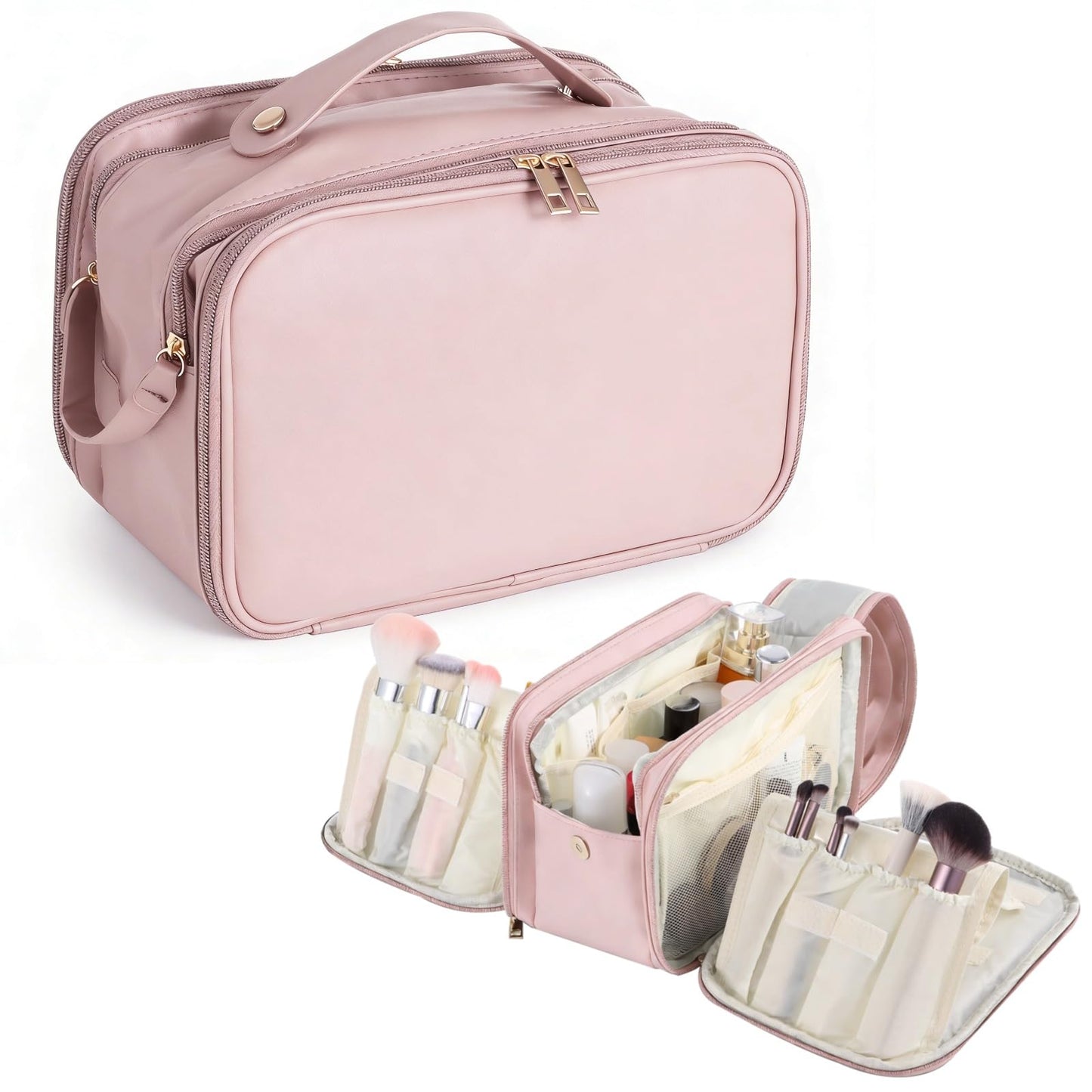 DORMIYA Travel Makeup Bag for Women, Large Capacity Cosmetic Organizer, Multi-Layer Toiletry Bag with Handle, Waterproof PU Leather Portable Makeup Zippered Case with Standing Brush Holder