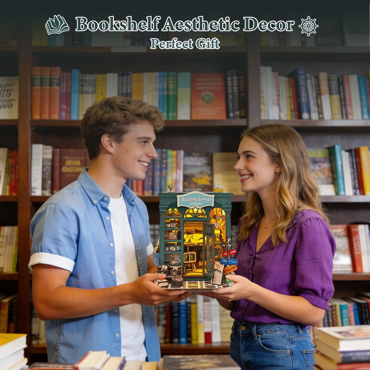 DIY Miniature Dollhouse Book Nook Kit – Reading Corner Bookshop Bookshelf Insert with LED Lights, Tiny House Model for Adults & Teens, Booknook Library Home Decor & Gift Idea for Family and Friends