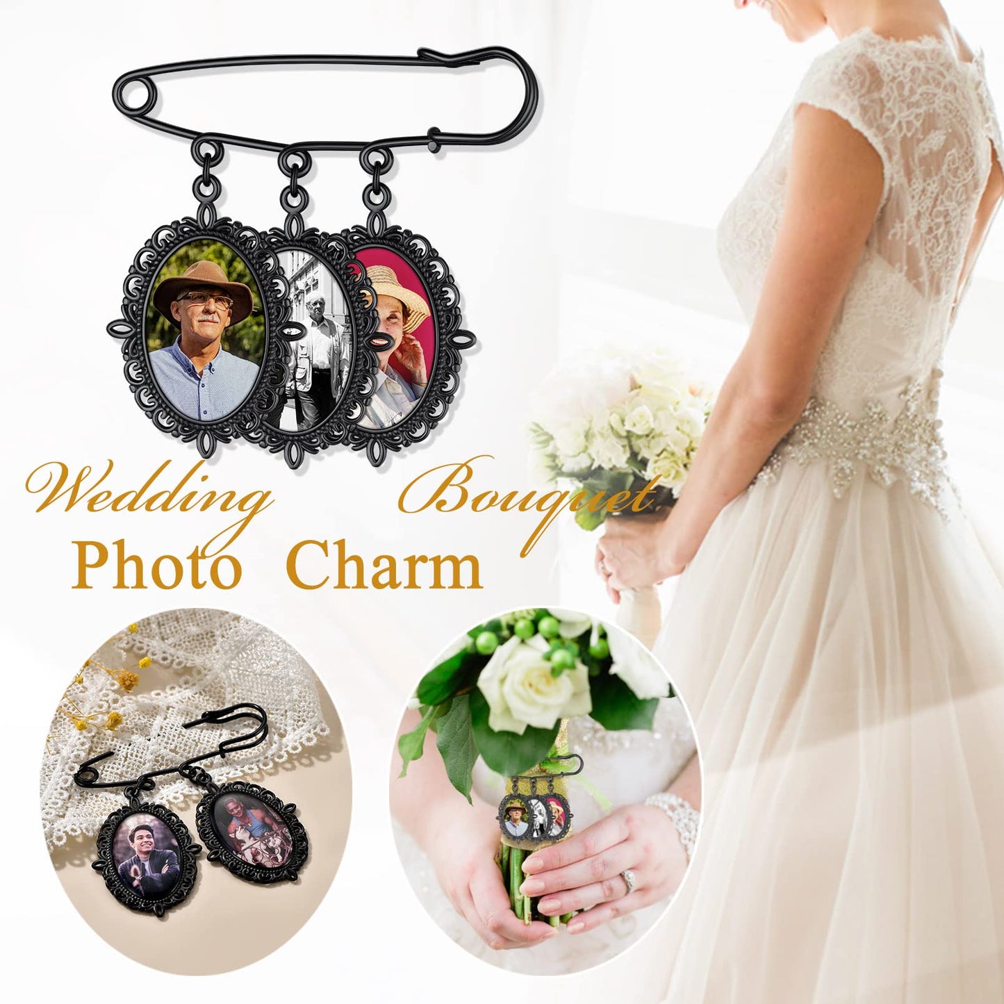 Custom4U Photo Charm for Bouquet Oval Shaped Brooch Pins with 3 Pictures Customized Memorial Wedding Jewelry