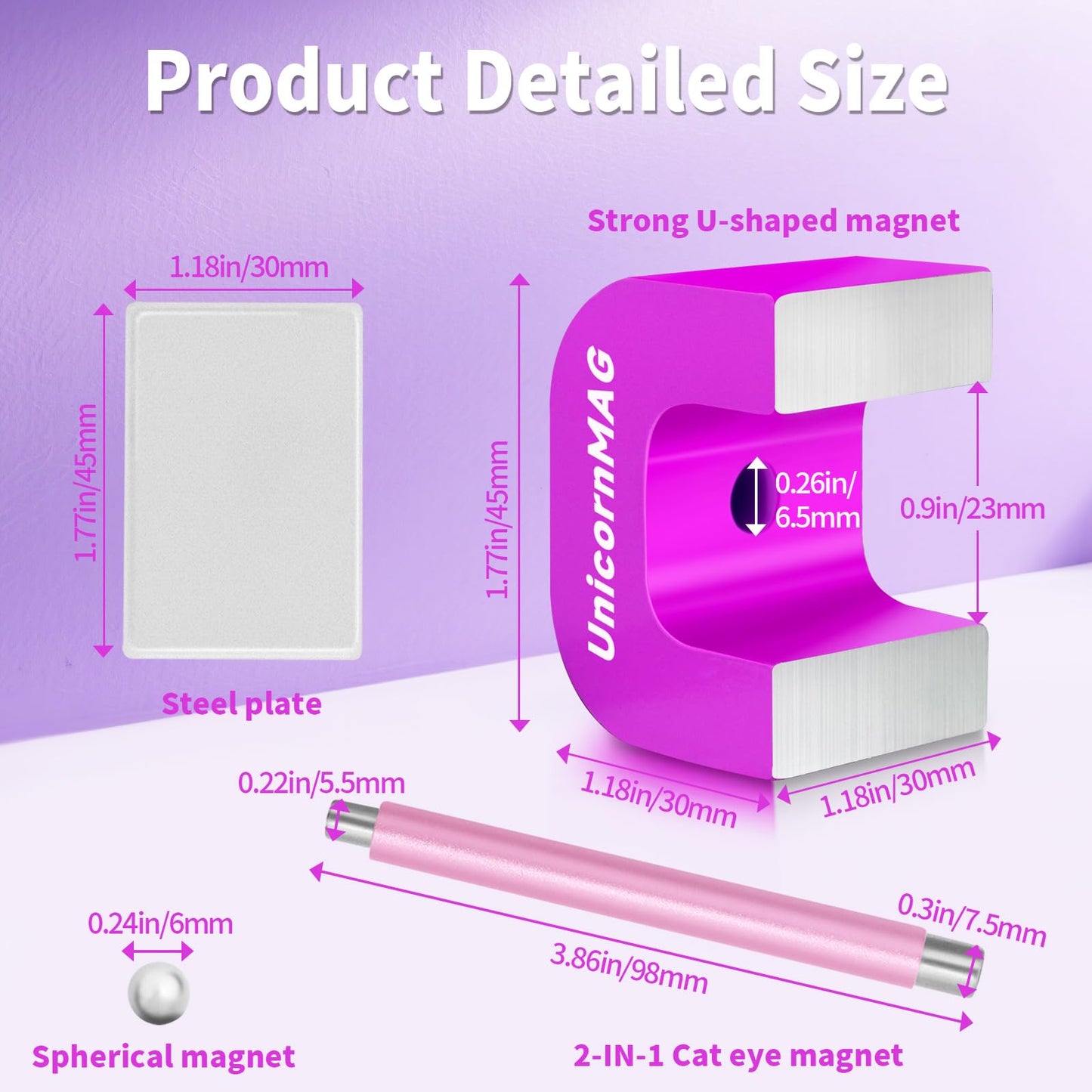 UnicornMAG U-Shaped Horseshoe Nail Art Magnet with 30 lb Magnetic Pull - Heavy Duty Alnico Magnet for Cat Eye, Velvet, Aura, 3D Magnetic Nail Polish Effects (Purple)
