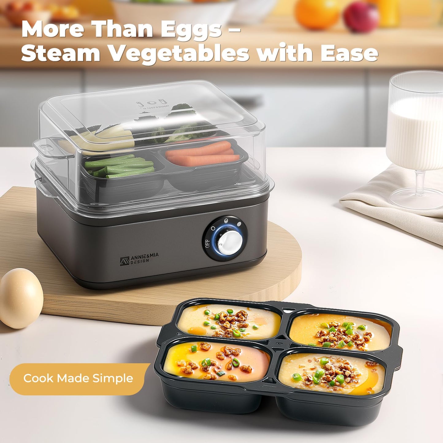 Annie & Mia Design Stainless Steel Electric Rapid Egg Cooker, 8 Egg Capacity 500W, Soft/Medium/Hard Boiled Egg Boiler Poacher Steamer Omelet Maker, Knob Auto Shut-Off, with Recipe Guide Book (Black)