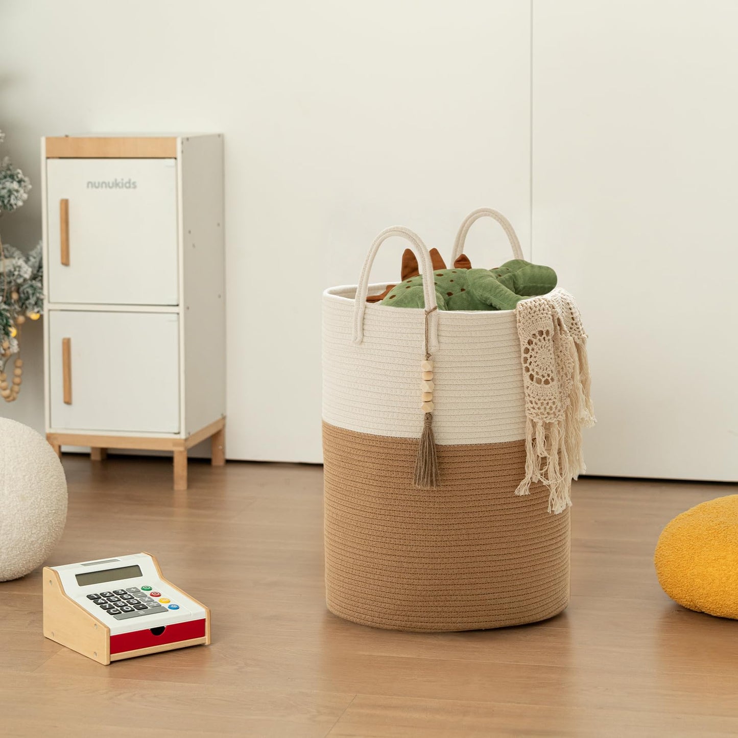 MANYOND Blanket Basket 58L, Woven Laundry Hamper Tall Laundry Basket with Boho Wooden Tassels, Large Cotton Rope Storage Basket for Blankets Pillows Toys, Living Room Nursery Bedroom Decor