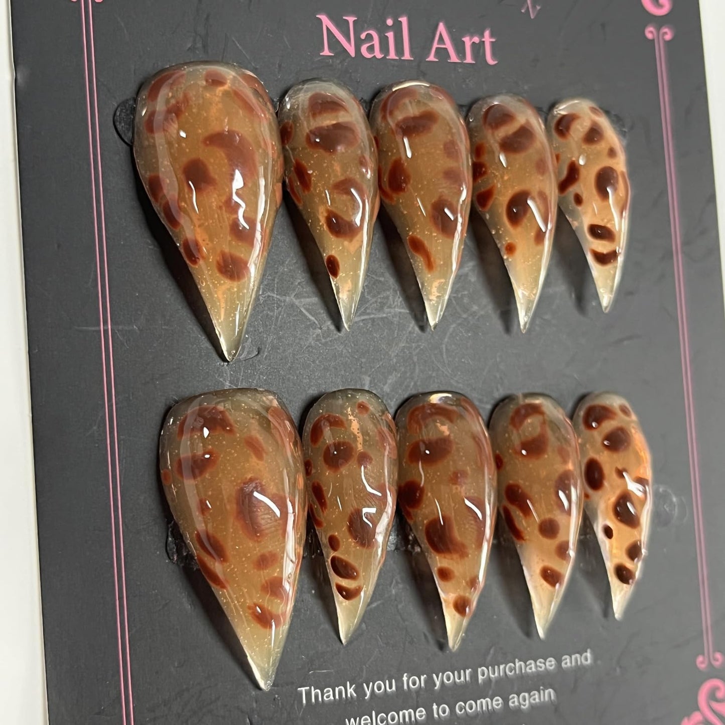 Handmade Press on Nails Medium Stiletto Brown Fake Nails Unique Eagle Claw Thick Acrylic Nails False Nails with Leopard Print Cat Claw Designs Fall Glossy Glue on Nail Curved Sturdy Nail Art 10Pcs(S)