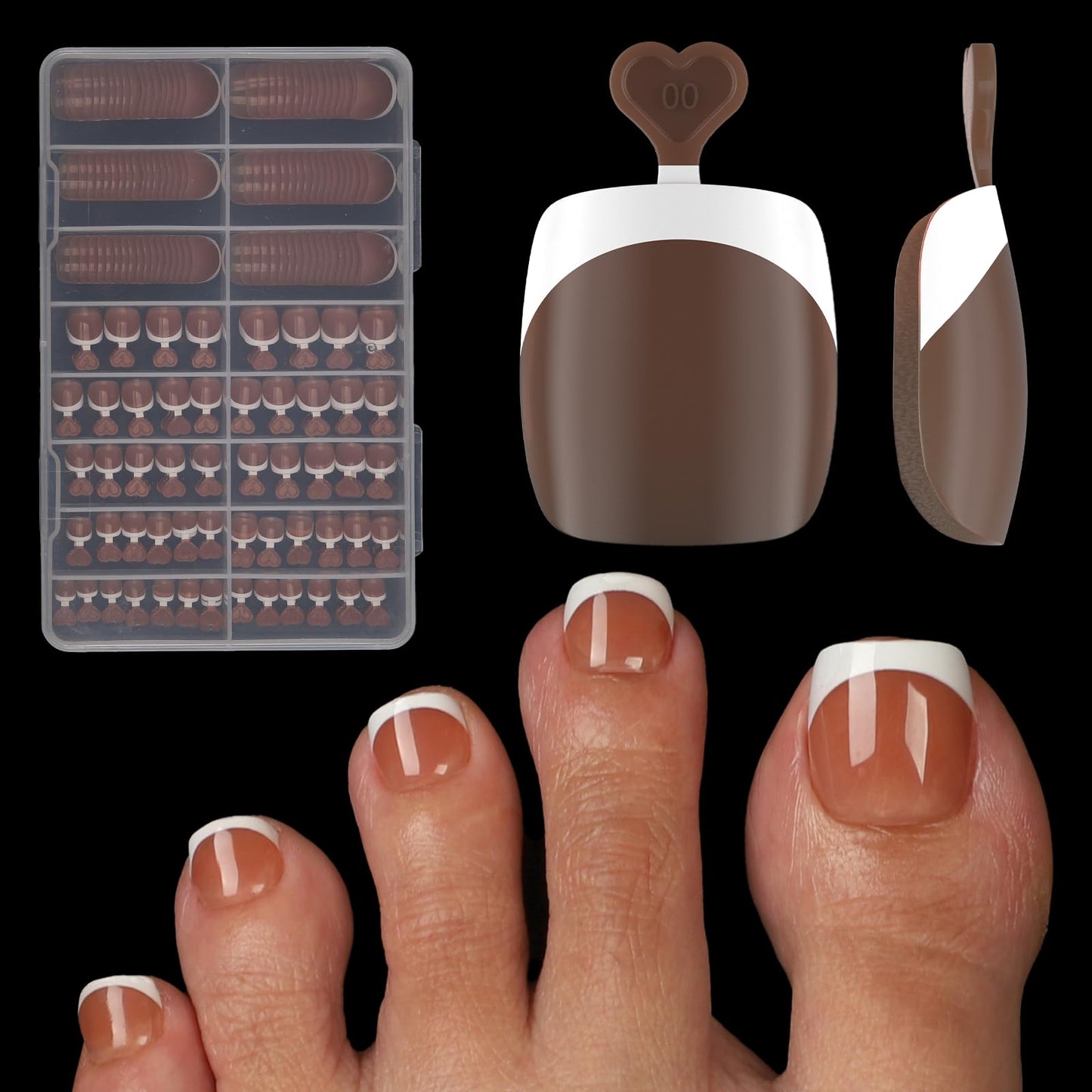French Toe Nail Tips Press ons 288pcs, Pre-Designed 16 Sizes Soft Gel Full Cover Fake Toenails for Women Short Square, Pre-Applied Brown Base Coat & Tip Primer for DIY (Brown)