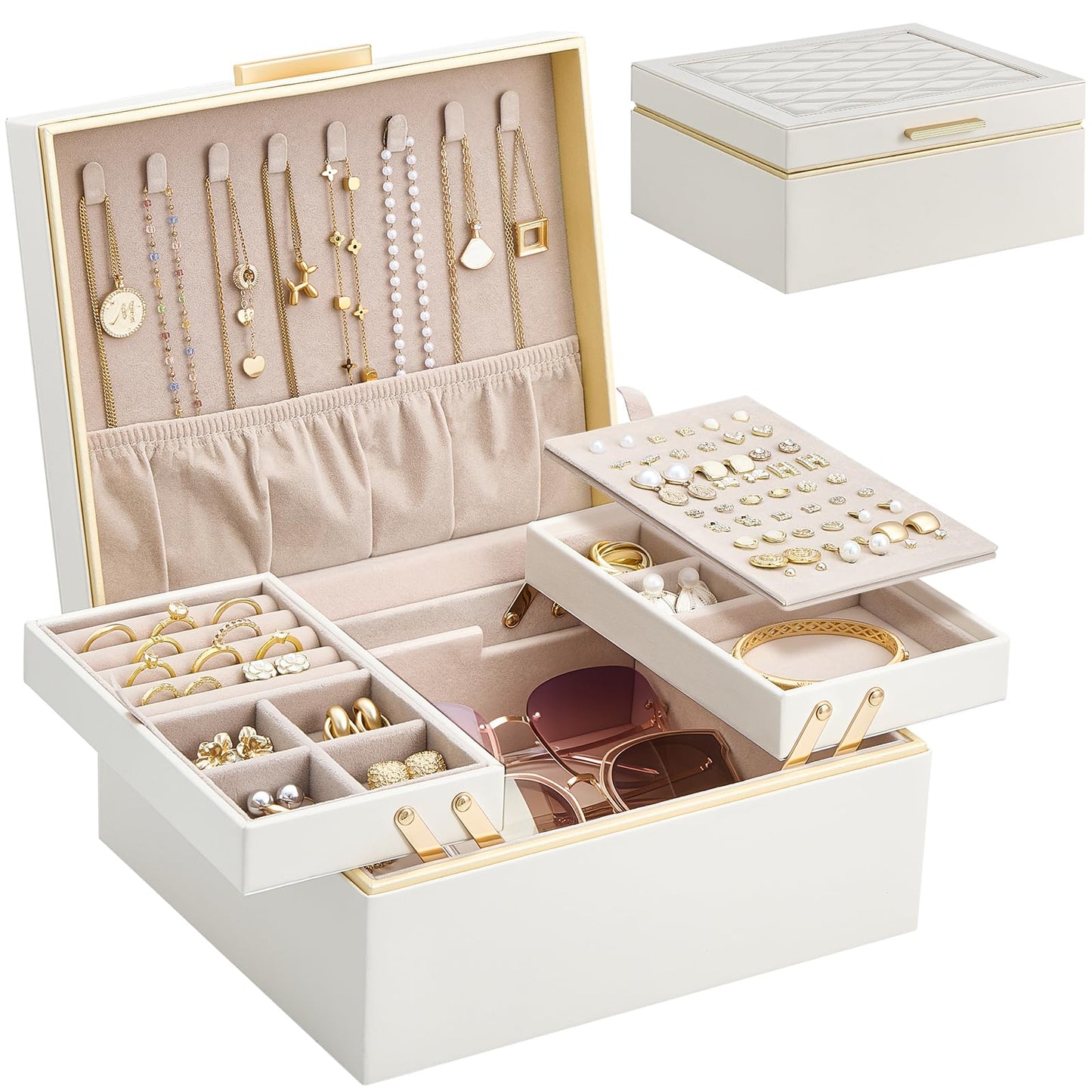 Lolalet Cream 2 Layer Jewelry Box Organizer with Drawers and Beige 12 Slots Travel Necklace Organizer Bundle, Jewelry Storage and Travel Solution