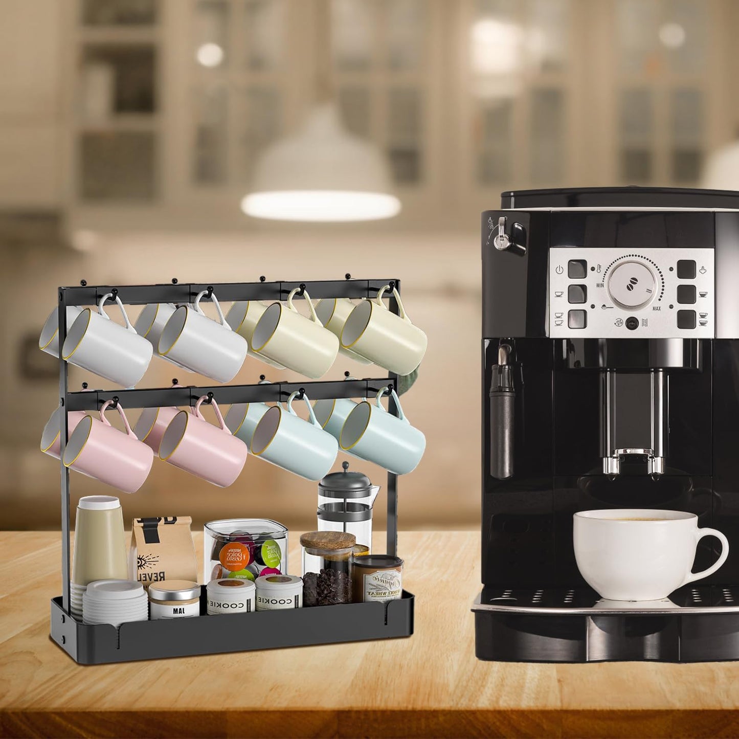 CWYEYE Coffee Mug Holder for Countertop, Cup Holder Rack with Slidable 16 Hooks, Large Mug Holder with Storage Base for Coffee Bar, Kitchen, Dining Room - Black