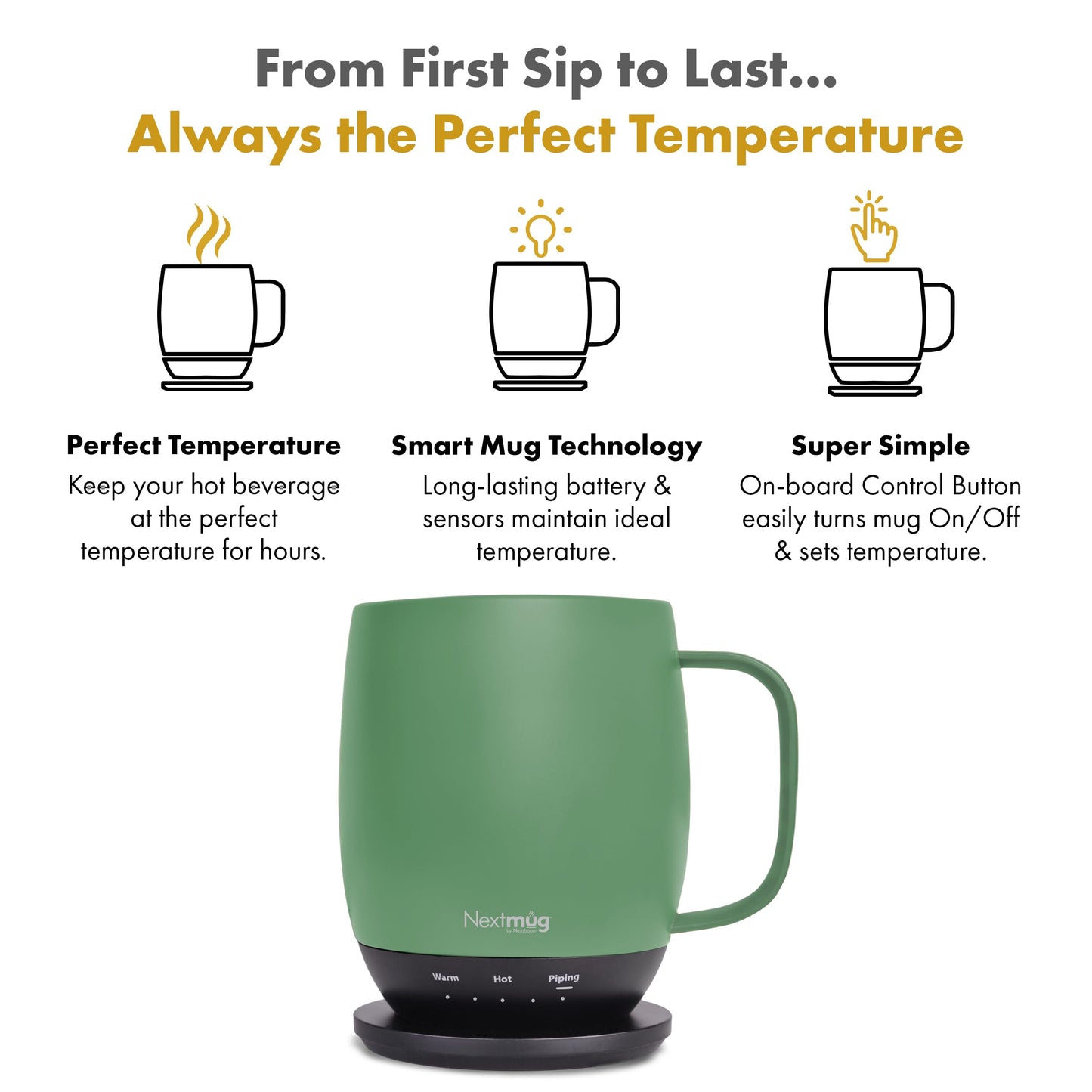 Nextmug - Temperature-Controlled, Self-Heating Coffee Mug (Sage - 14 oz.)