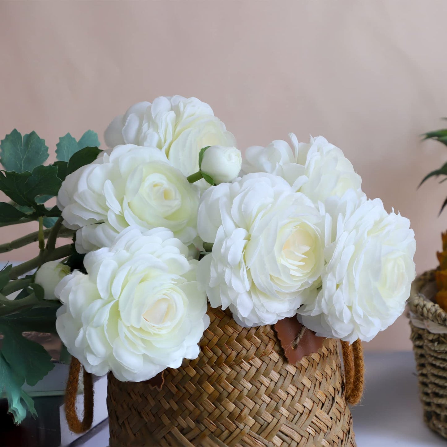GLSATEMAN Artificial Ranunculus Long Stem Buttercup Silk Flowers 6pcs for Home Decor and Wedding Decorations(White 1)