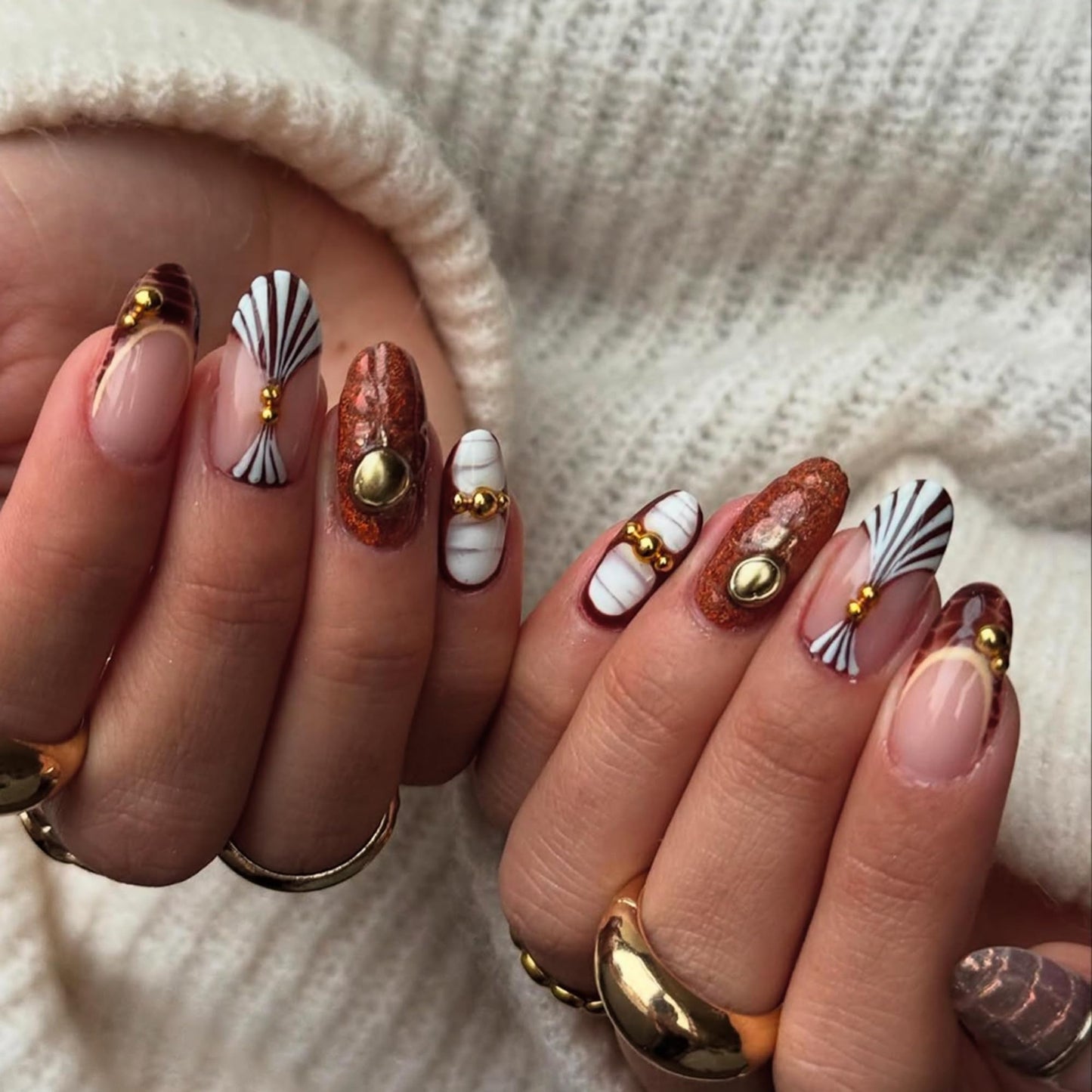 SEENEEY Almond Press on Nails Medium Fake Nails Brown Artificial Nail Black and White Designs Stick on Nail for Women 24pcs