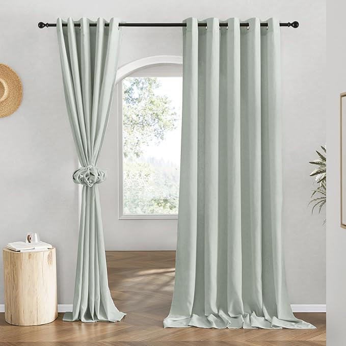 NICETOWN Flax Sage Green Linen Curtains for Room Divider, Grommet Top Thick Flax Semi Sheer Vertical Drapes Privacy Assured with Light Filtering for Sliding Glass Door, W68 x L96, 2 Pieces