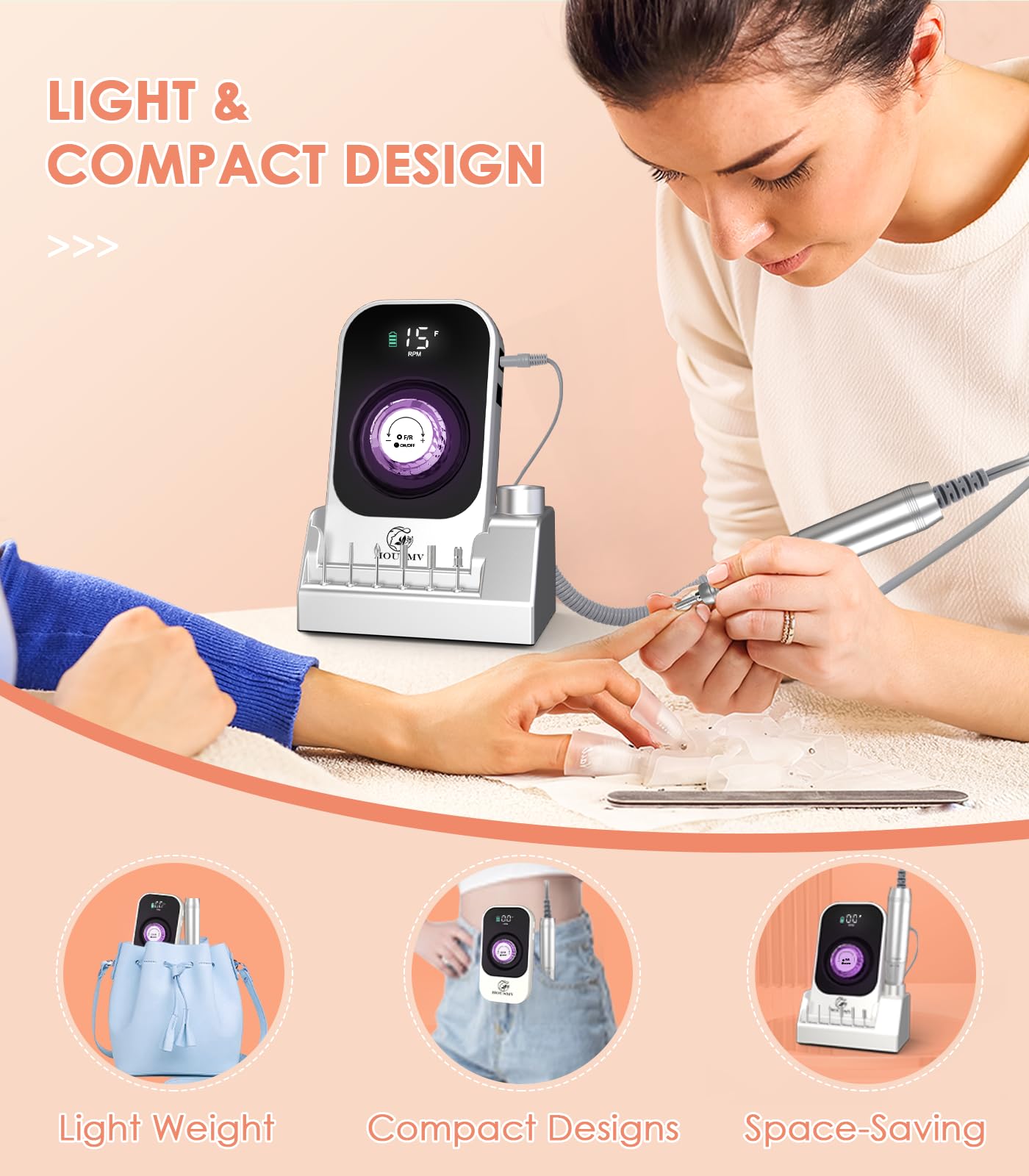 Portable Electric Nail Drill Machine: 40000RPM Professional E-File, Rechargeable Cordless with Bits & Base for Acrylic Remove Gel Polish Manicure Salon Home, Silver