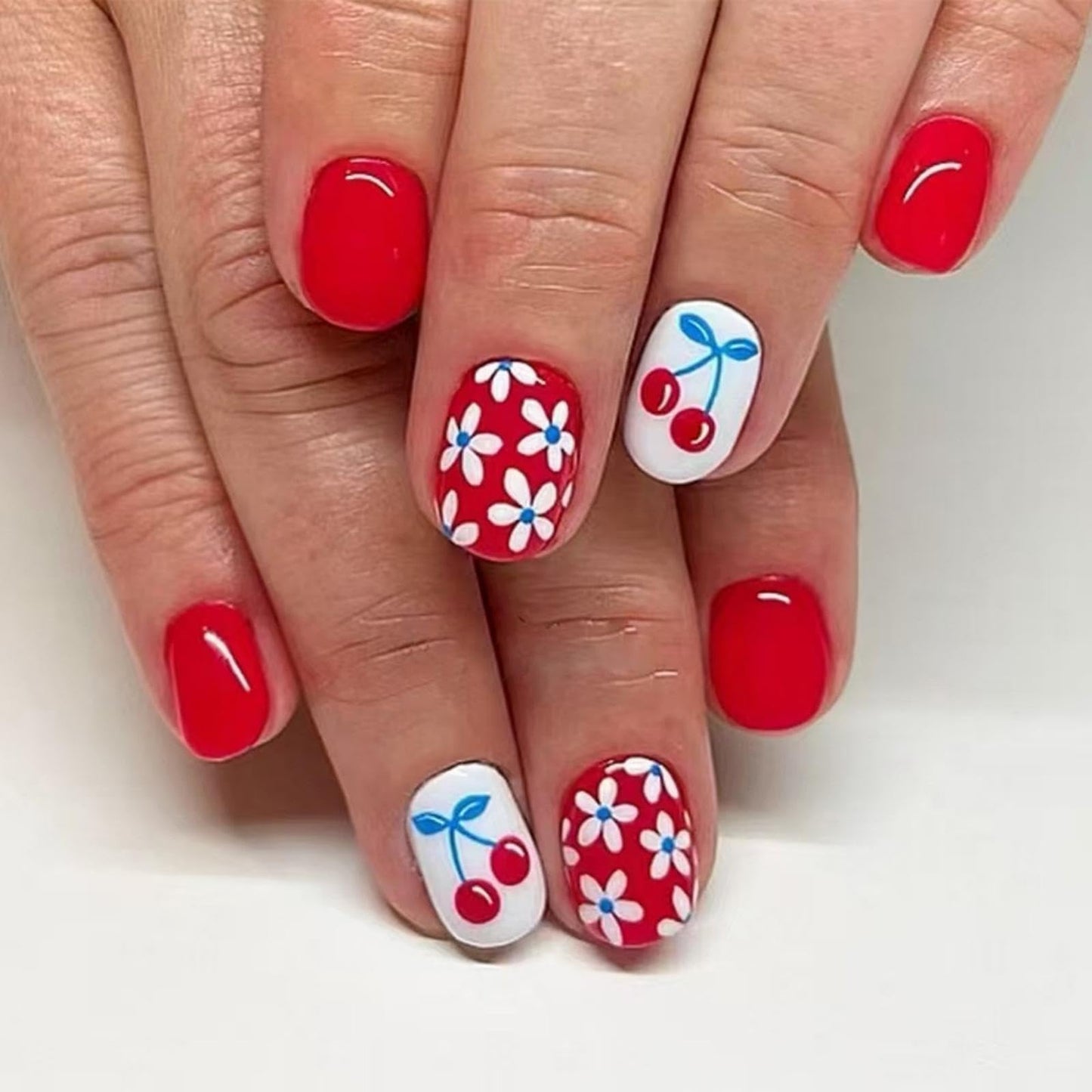 Flower Press on Nails Short Square Fake Nails with Flower Cherry Design Glossy Red Glue on Nails Floral Nails Press ons Reusable Full Cover Spring Summer Acrylic Nails for Women Manicure 24Pcs