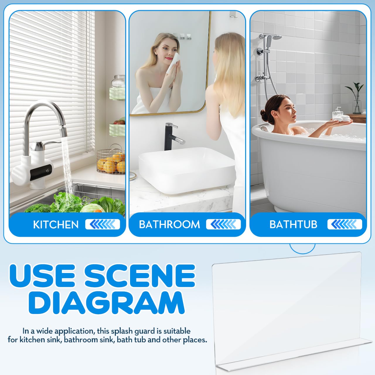 Cabilock Kitchen Sink Splash Guard 15.75X8.27 Inch Clear Acrylic Water Barrier for Bathroom and Kitchen Countertop Splash Prevention