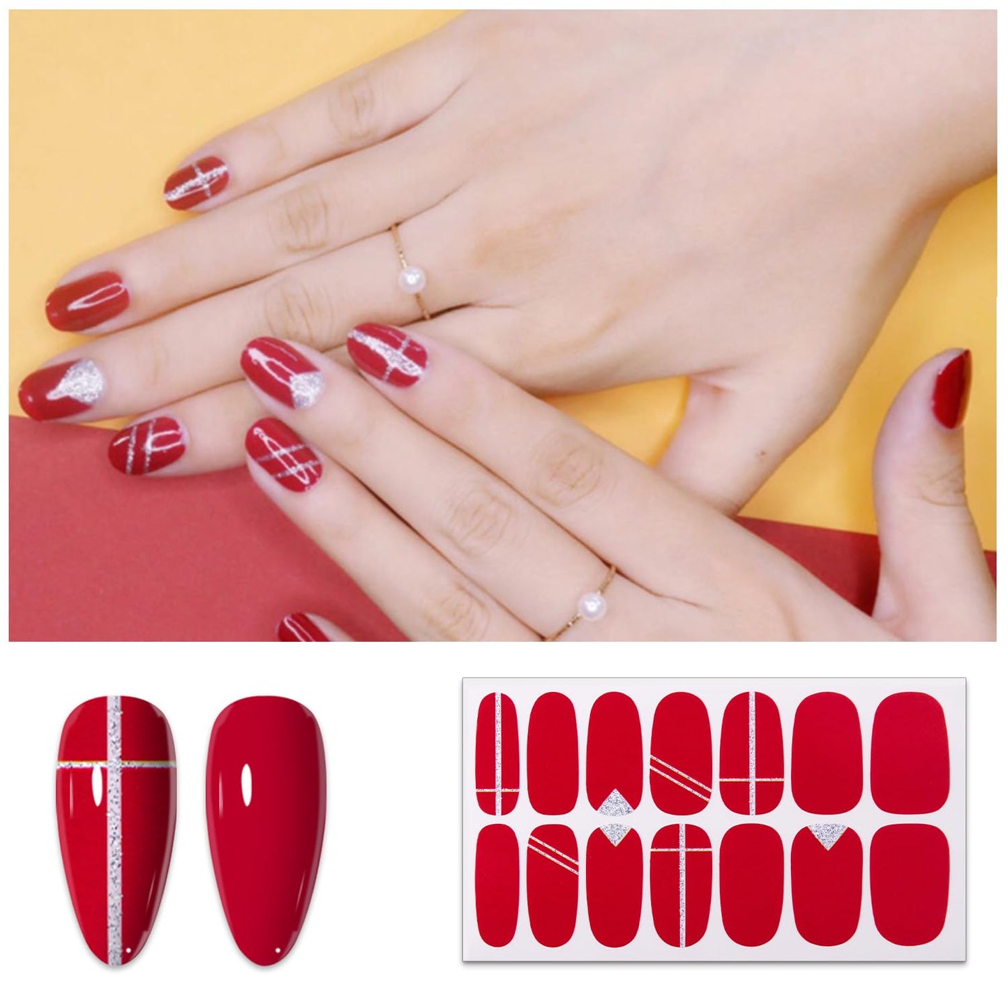 SILPECWEE 560 Pieces 40 Sheets Nail Polish Strips, Red Nail Stickers Full Nail Wraps for Women, Self Adhesive Gel Strips Manicure Design, Fingernail Sticker Nails with File