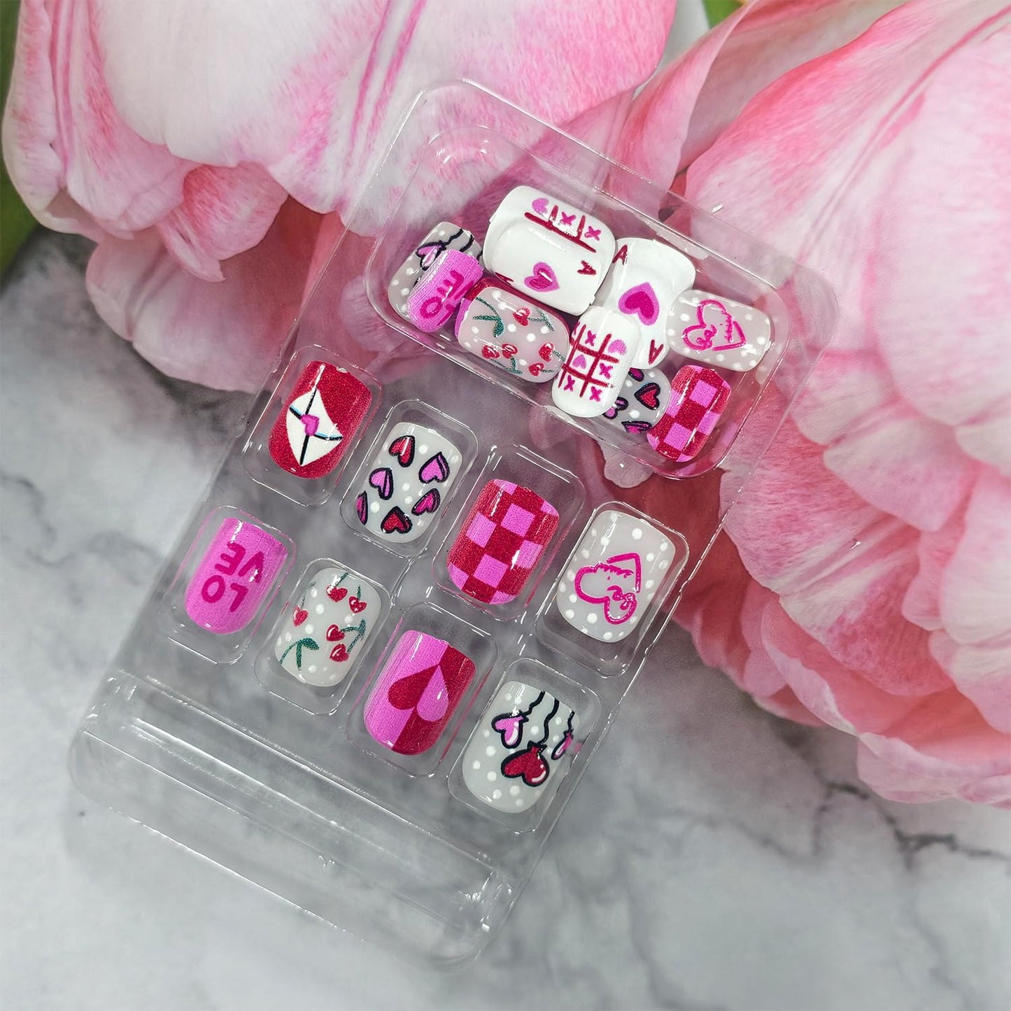 Heart Press on Nails Short Square Artificial Acrylic False Nails Colorful Love with Cherry Coffin Nail Full Cover Glossy Artificial Fingernails Valentines Stick on Nail for Women Festival Manicure