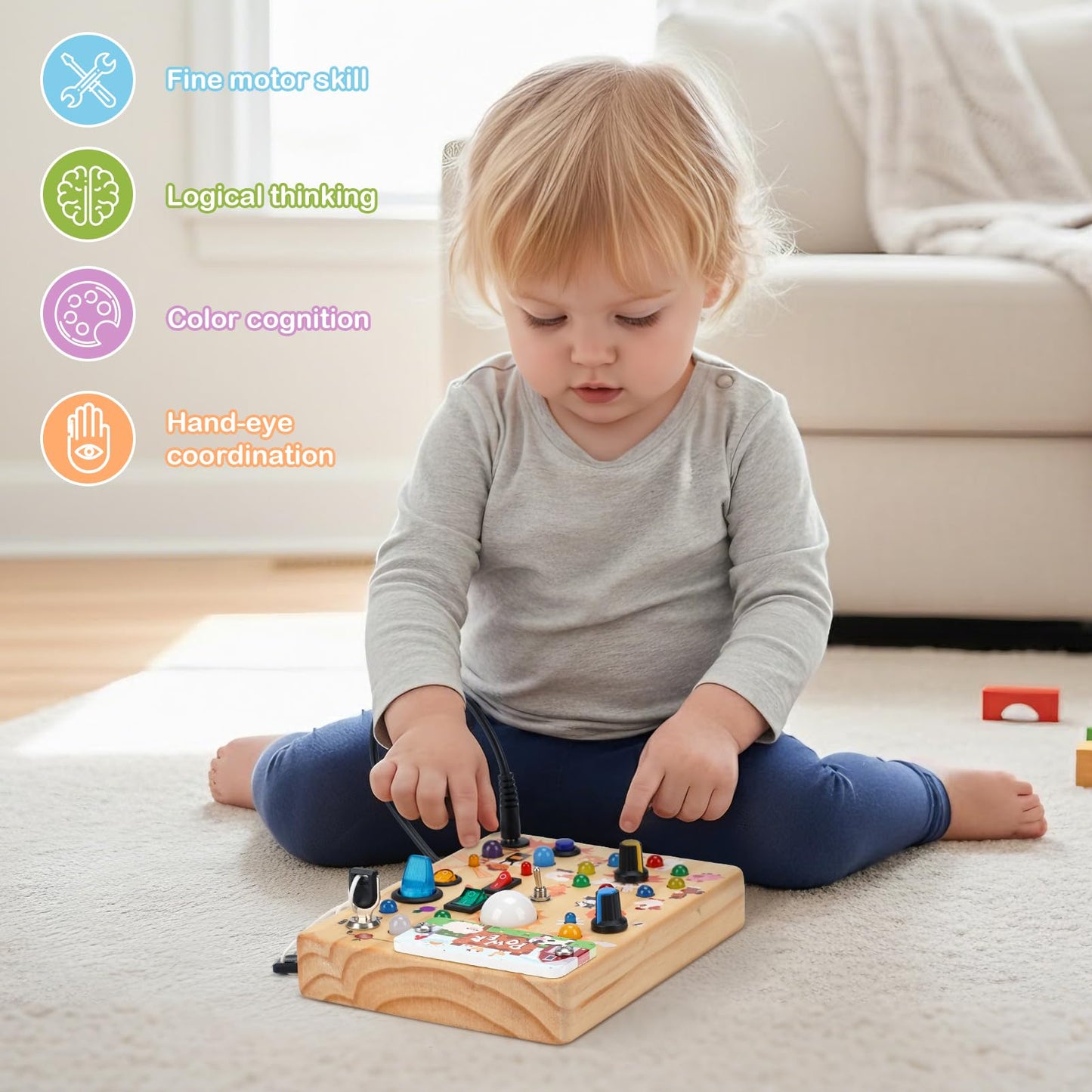 LED Busy Board for Toddlers 1-3,Montessori Toy with Key Switch, Light Up Wood Activity Sensory Board for Fine Motor Skills, Educational Travel Toy Gift for 1 2 3 Year Old Boys Girl