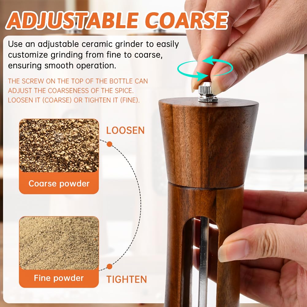 Wooden Salt and Pepper Grinder Set, Manual Spice Mills with Wooden Spoon, Cleaning Brush,Stable Base Plate,8 Inch Refillable Salt and Pepper Mills Adjustable Coarseness