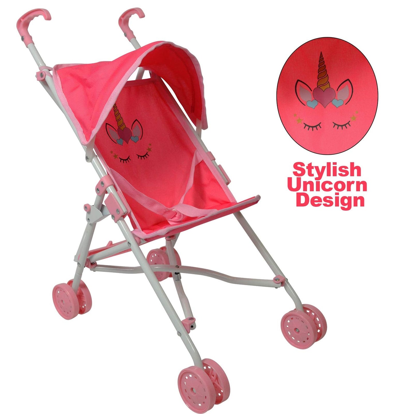 My First Baby Doll Stroller for Toddlers 1-3 Year Old Girls, Little Kids | Toy Stroller with Bottom Storage Basket, Foldable Frame, Canopy, Seatbelt - Unicorn (Pink)