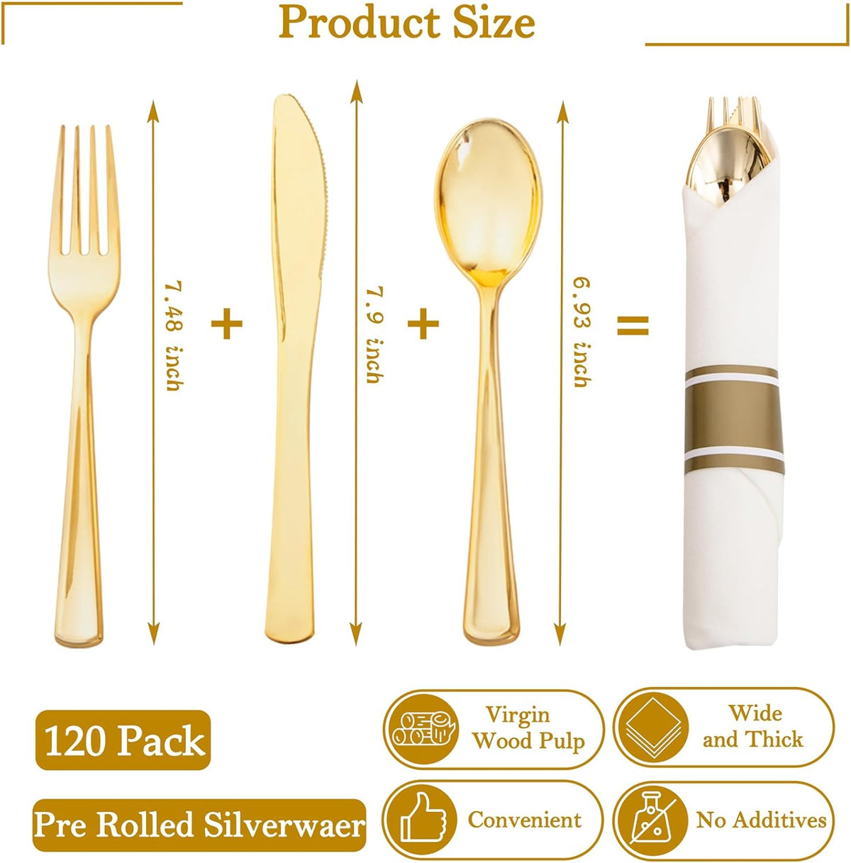 Supernal 120Pack Gold Plastic Silverware Wrapped Plastic Cutlery Set with Napkin,Pre Rolled Napkins with Cutlery Set,Rolled Silverware Disposable For Halloween Thanksgiving Christmas