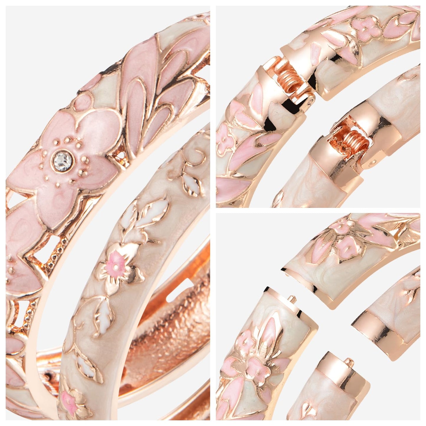 wynameleri Vintage Cloisonne Jewelry Gorgeous Rhinestone Handcrafted Bracelets Enamel Flower Bird Gold Hinged Cuff Bangles Gifts 88A11-55A82 pink