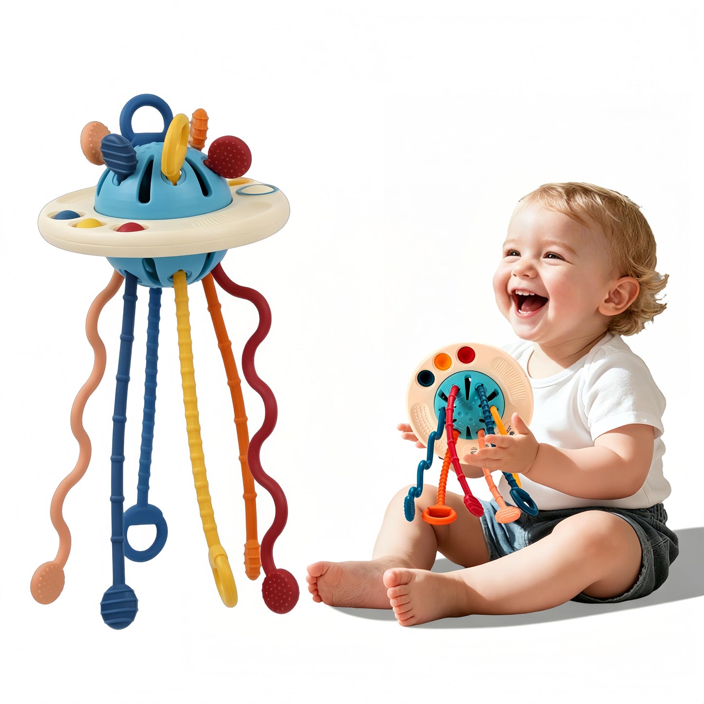 Fyxttalor Montessori Baby Toys for 12M+, UFO Sensory Play Set for Toddlers, Pull String Pull String Toy in Stollers Developmental Toys for Fine Motor Skills Gift for Boys& Girls