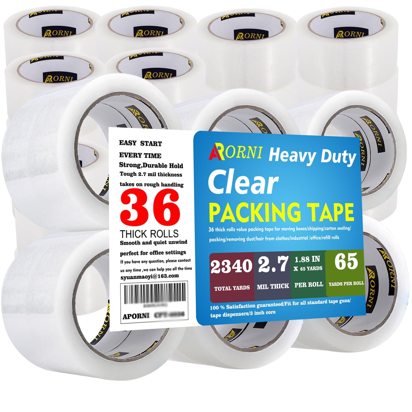 APORNI Clear Packing Tape Heavy Duty Refill Rolls Sealing Great for Packing Box Shipping and Moving Supplies Packaging 36 Rolls 1.88" x 65 Yards 3" Core 2.7 Mil Thick Adhesive