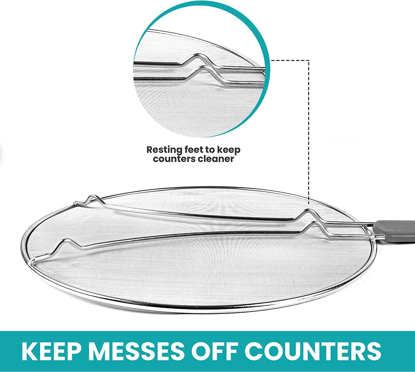 13" Grease Splatter Screen for Cooking | Stainless Steel Oil Splatter Guard and Ultra-Fine Mesh Protects Skin from Burns | TPR Tight-Grip Handle (Grey)