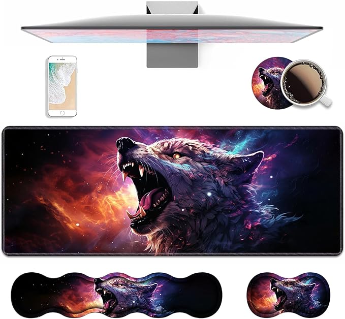 4 in 1 Ergonomic Keyboard Wrist Rest & Mouse Pad Wrist Rest Set, Large XXL Gaming Desk Mat 31.5"x 11.8" with Non-Slip Base, Memory Foam for Home Office Study Gaming, Wolf Howling