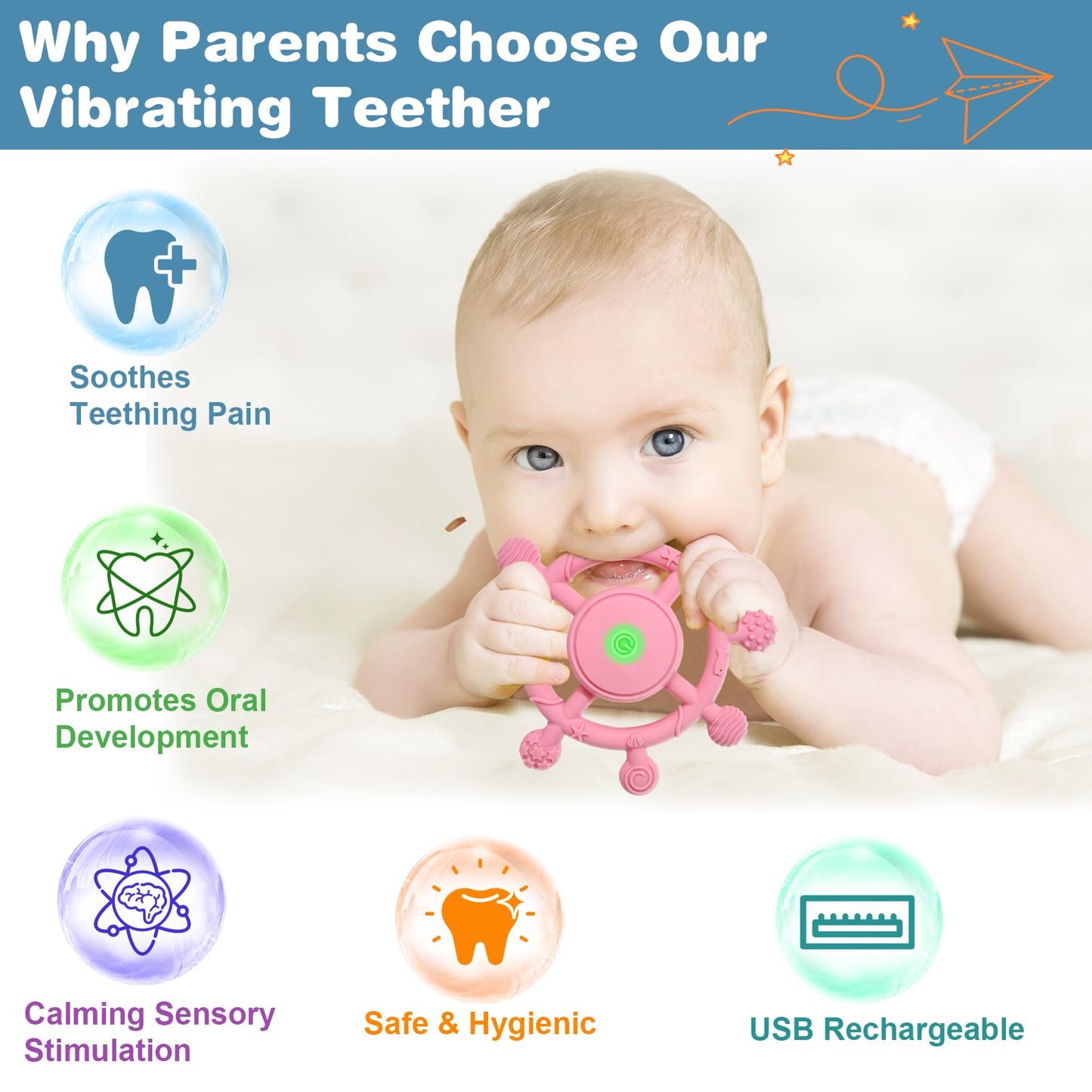 YOFUN 3-Speed Vibrating Baby Teether – Soothing Silicone Teething Toy for Infants 3M+, Food-Grade, USB Rechargeable – Soft & Safe Gum Relief for Babies (Pink)