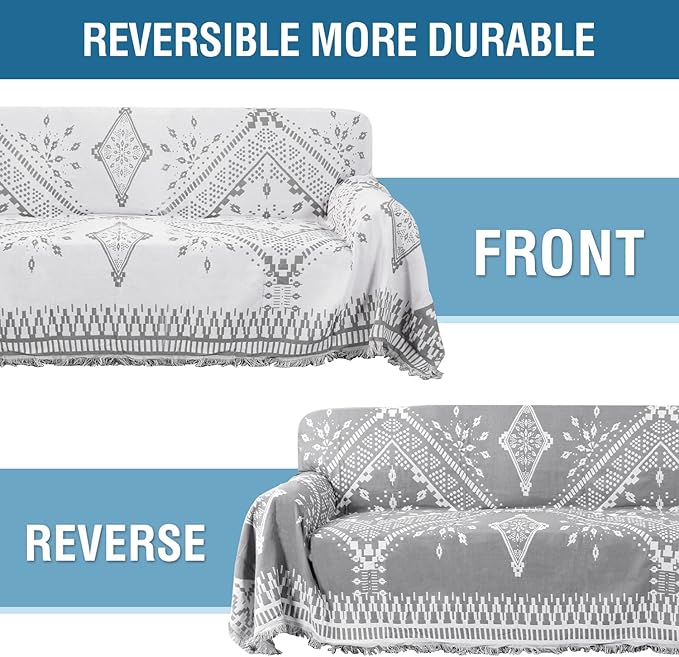 H.VERSAILTEX Reversible Sofa Cover Couch Cover for Dog Sofa Slipcover for Most Shape Sofa Furniture Protector with Tassels Sectional Couch Cover (Large: 71" x 102", Dove Grey/White)