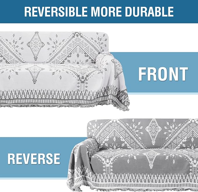 H.VERSAILTEX Reversible Sofa Cover Couch Cover for Dog Sofa Slipcover for Most Shape Sofa Furniture Protector with Tassels Sectional Couch Cover (XX-Large: 91" x 134", Dove Grey/White)
