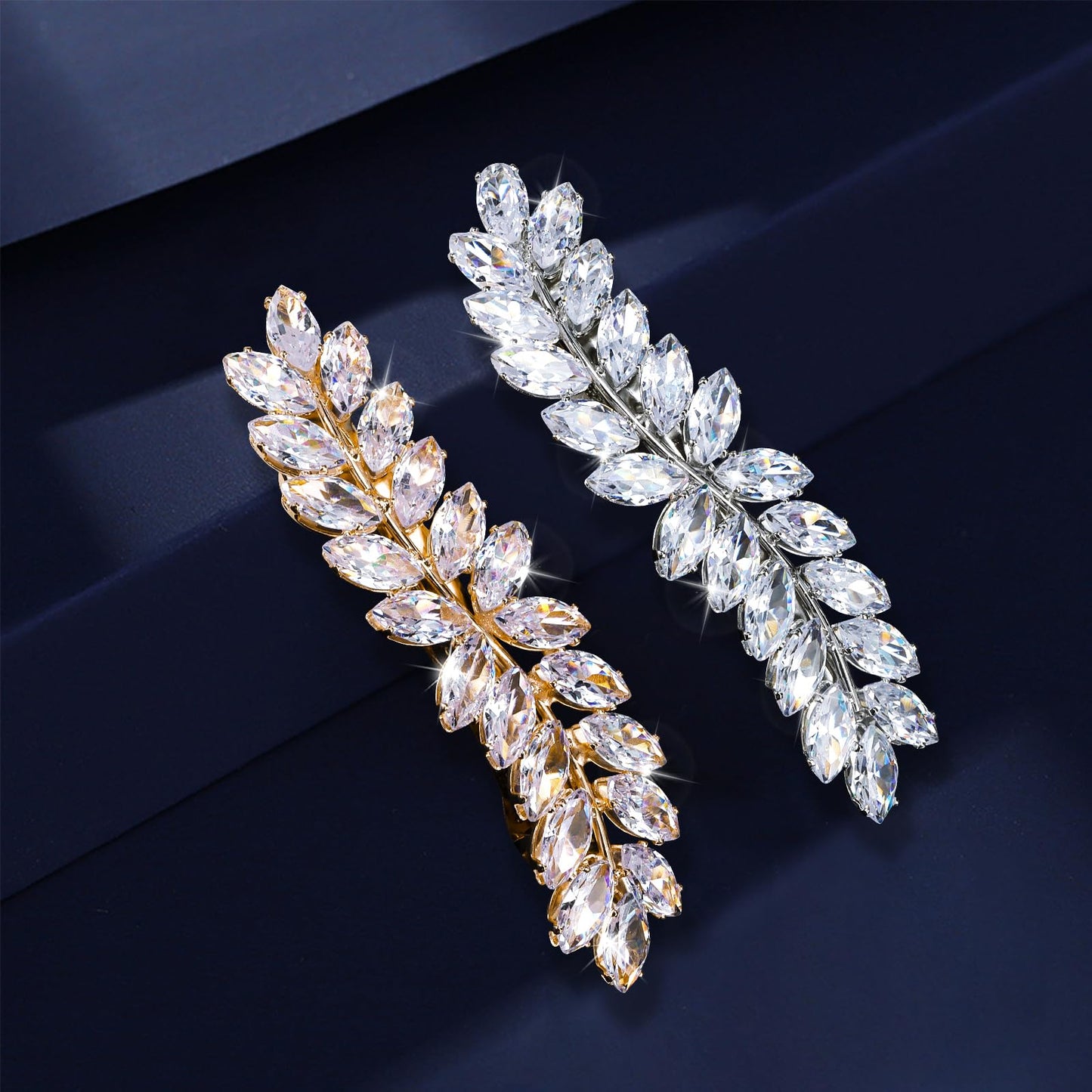 WHAVEL 2PCS Rhinestone Hair Clips - Crystal Leaf Vintage Bridal Barrettes for Weddings, Brides, and Bridesmaids (Gold, Silver)