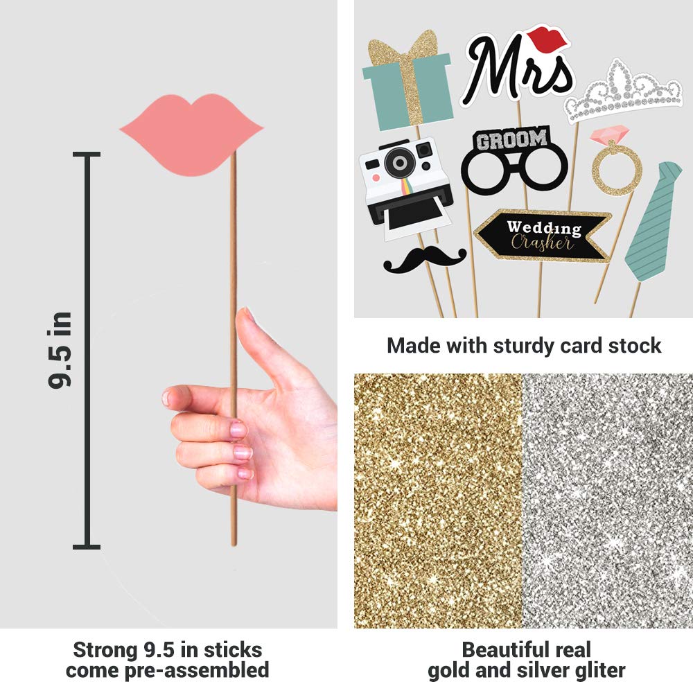Fully Assembled Wedding Photo Booth Props - Set of 40 - Gold, Pink, Teal, & Silver Selfie Signs - Wedding Party Supplies & Decorations - Cute Designs with Real Glitter - Did We Mention No DIY