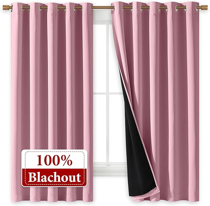 NICETOWN 100% Blackout Curtains with Black Liners, Thermal Insulated Full Blackout 2-Layer Lined Drapes, Energy Efficiency Window Draperies for Bedroom (Crystal Pink, 2 Panels, 70-inch W by 63-inch L)